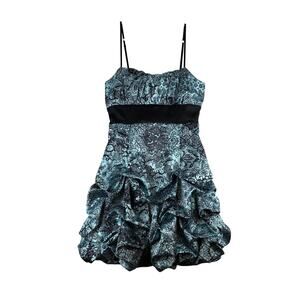 Ruby Rox Y2K Babydoll Satin Teal Mini Dress Spaghetti Strap Bubble Hem Size 4